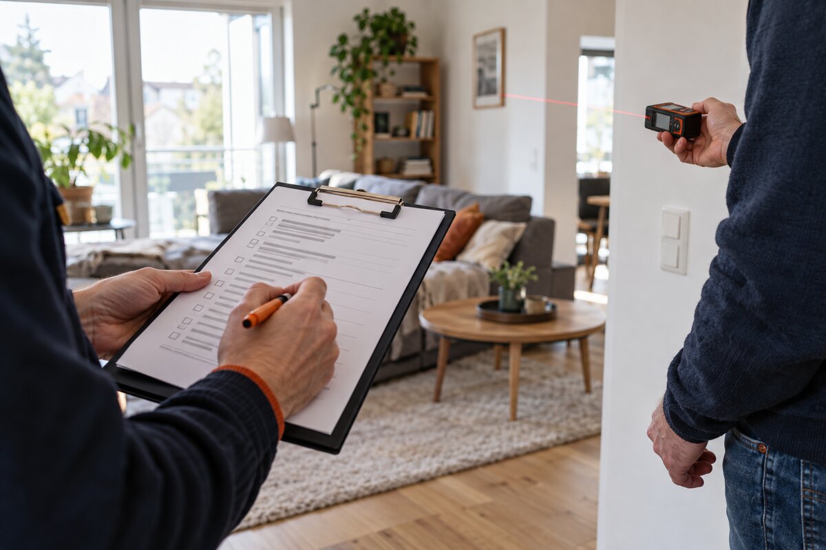 Käufer dokumentieren eine Hausbesichtigung mit Checkliste und Lasermessgerät
