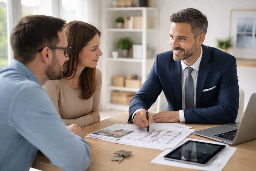 Immobilienmakler berät ein Paar professionell beim Immobilienverkauf und erklärt Unterlagen wie Exposé und Grundriss in ruhiger Atmosphäre