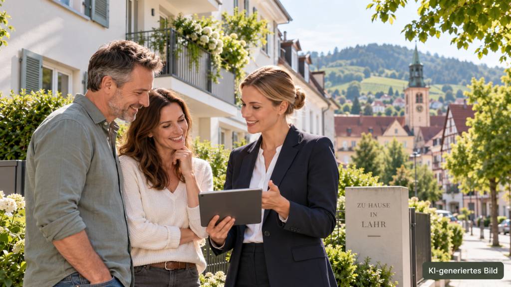 Immobilienmaklerin bei einer Immobilienberatung mit einem Paar in Lahr