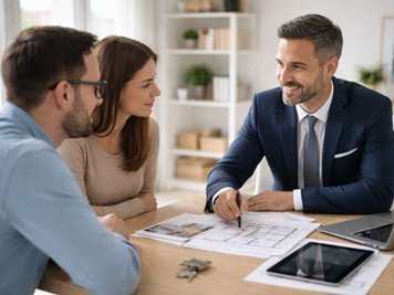 Immobilienmakler berät ein Paar professionell beim Immobilienverkauf und erklärt Unterlagen wie Exposé und Grundriss in ruhiger Atmosphäre