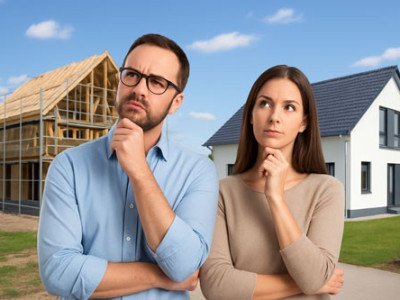 Frau und Mann nachdenklich, Häuser im Hintergrund