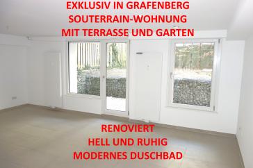 EXKLUSIV IN GRAFENBERG SOUTERRAIN GARTEN-TERRASSENWOHNUNG SEHR RUHIG RENOVIERT MODERNES DUSCHBAD