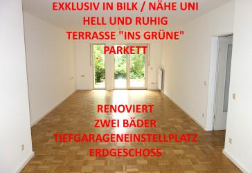 EXKLUSIV IN BILK NÄHE UNI HELL + RUHIG ERDGESCHOSS MIT TERRASSE 2 BÄDER KOMPLETT PARKETT TG-STELLPL.