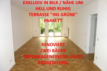 EXKLUSIV IN BILK NÄHE UNI HELL + RUHIG ERDGESCHOSS MIT TERRASSE 2 BÄDER KOMPLETT PARKETT TG-STELLPL.