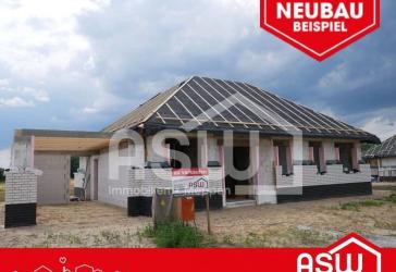 Musterhaus! Sehr geräumiger Neubaubungalow mit Winkelwalmdach und massiver Garage in Südlage