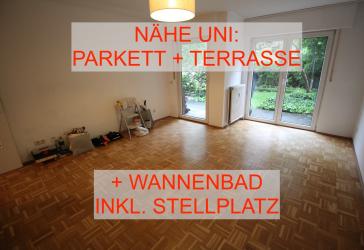 EXKLUSIV BILK NÄHE UNI HELL + RUHIG ERDGESCHOSS MIT TERRASSE KOMPLETT PARKETT WANNENBAD TG-STELLPL.