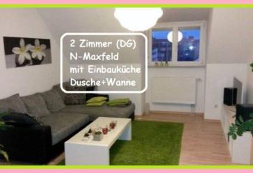 2026: Nbg Maxfeld - Nähe Stadtpark - ruhige gepflegte helle 2-Zi-Whg. ca. 53 m², Badewanne + Dusche, Einbauküche, DG, ohne Balkon, Rollos