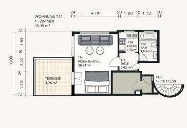 Zentral gelegene 1,5 Zi. Whg in Tü, Lustnauer-Zentrum, 35 m², überd. Terrasse und Stellpl.