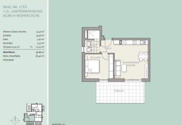 Einladende, sonnige 2-Zimmer-Terrassenwohnung mit kleinem Garten. Beste Infrastruktur.
