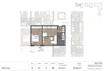 Gehobene 2-Zimmer Komfort-Neubauwohnungen im KfW-55-Standard 58-60 m2 mit großzügiger Loggia, Aufzug und Tiefgaragenplatz im Quartier Alte Post