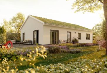 Der Bungalow mit Gründach im Neubaugebiet Helpup.